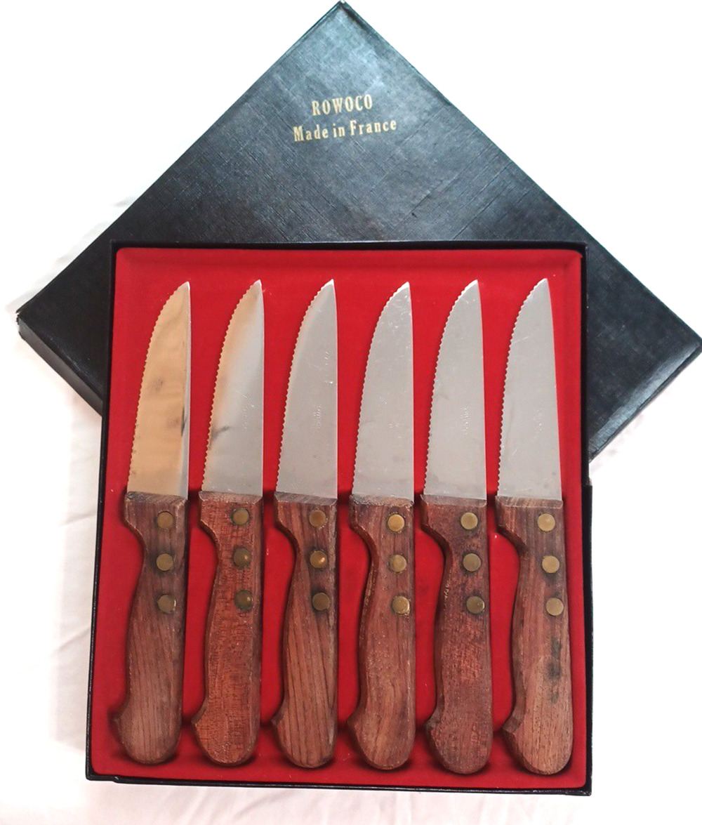 VTG 6 Rowoco 9" Serrated Thick Wood Handle Riveted Steak Knives Set Box France